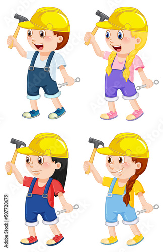 A girl wearing helmet holding hammer