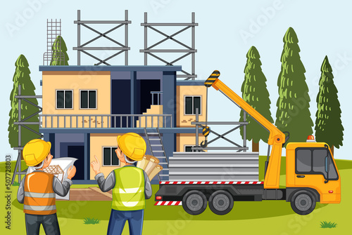 Cartoon scene of building house construction site