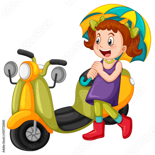 A girl holding umbrella standing beside motorcycle