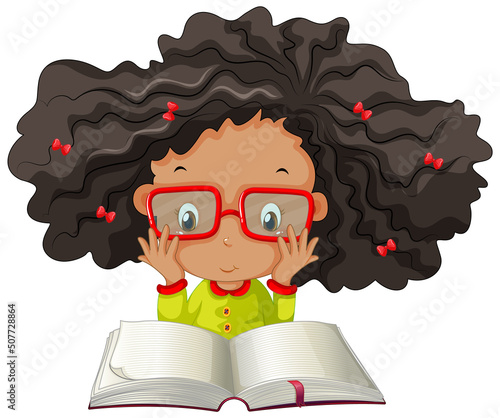 A girl reading a book on white background
