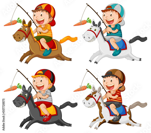 Boy riding a horse fishing a carrot