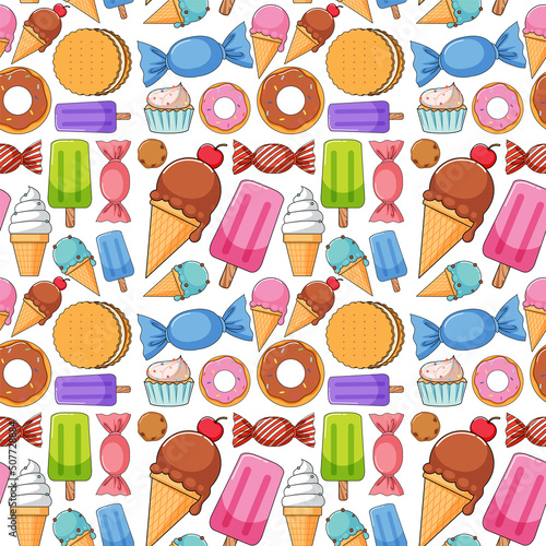 Seamless background design with many dessert