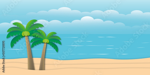 Idyllic beach with turquoise blue sea  sand  coconut tree  sky and cloud  Nature background or Summer holiday concept. copy space for the text. illustration paper cut design style.