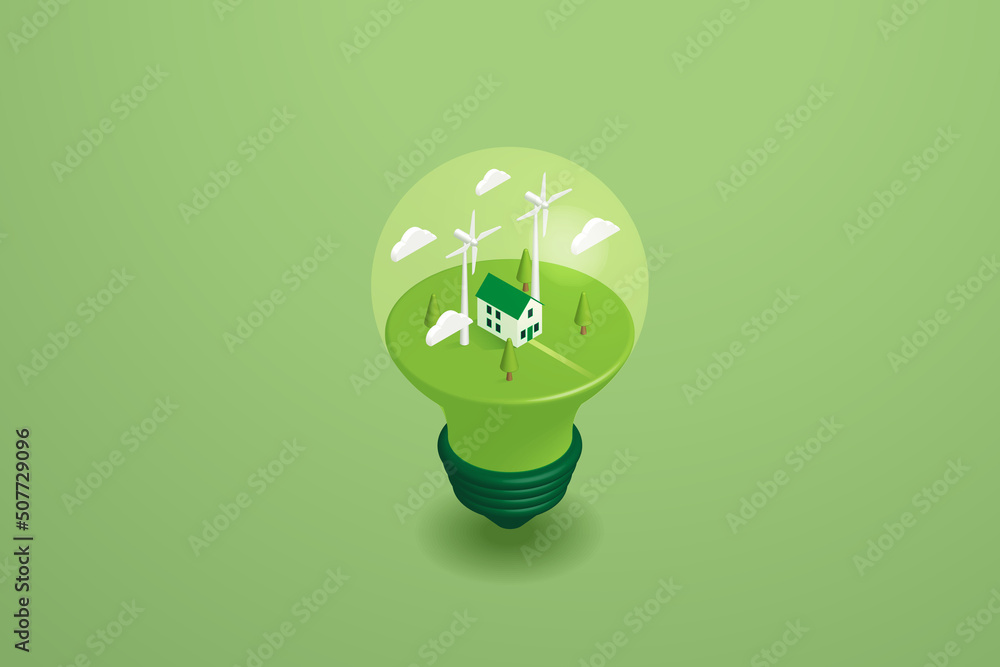 Home with and clean energy windmill on Light bulb Home with and clean energy windmill on Light bulb
