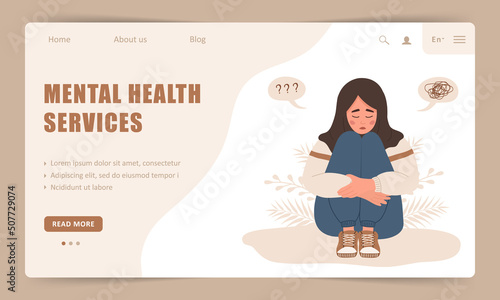 Mental health service. Landing page template. Lonely muslim woman sitting on floor and hugging knees. Depressed teenager needs psychological help. Mood disorder. Vector illustration in cartoon style.
