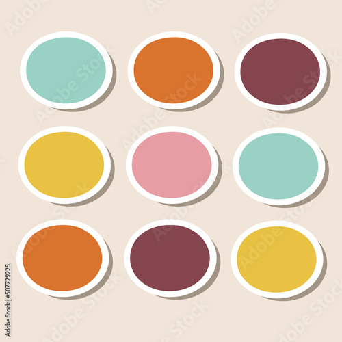 Colourful set of blank glossy icons or web buttons. Vector plastic blank badge label, pin brooch mockup. Circle shape magnet, tag or round metal button collection for options, exercise, print, website