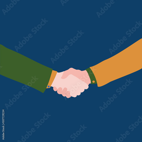 Business partnership handshake vector illustration. Deal sign businessmen or women of different race, people hands shaking for contract agreement, win - win strategy concept, successful deal poster.