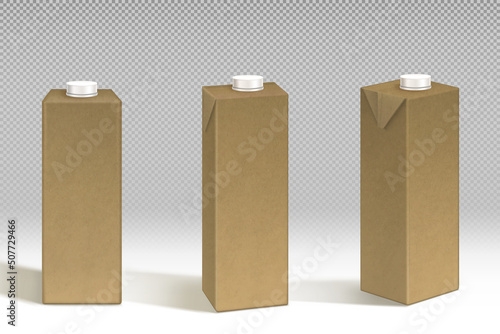 Milk or juice craft paper package mockup, brown eco carton box. Blank bottle with screw lid front, angle and side view. Container for liquid production, food, beverage, isolated Realistic 3d vector