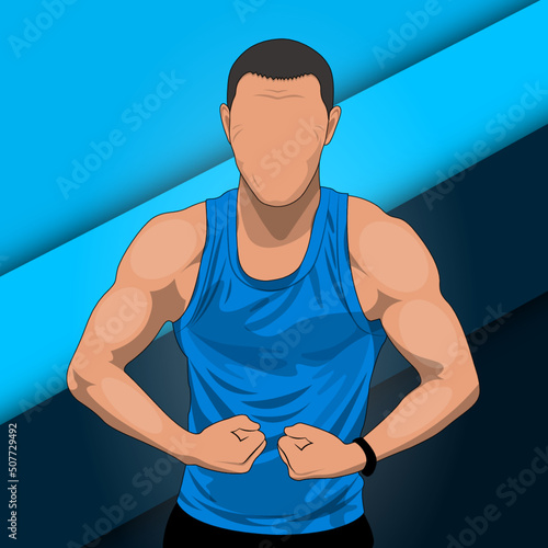 Muscleman character without face. Weight lifting, powerlifting or bodybuilding. Vector illustration. Muscular man in a blue tank top. Mens physics half body posing. Muscular man sample. Torso.