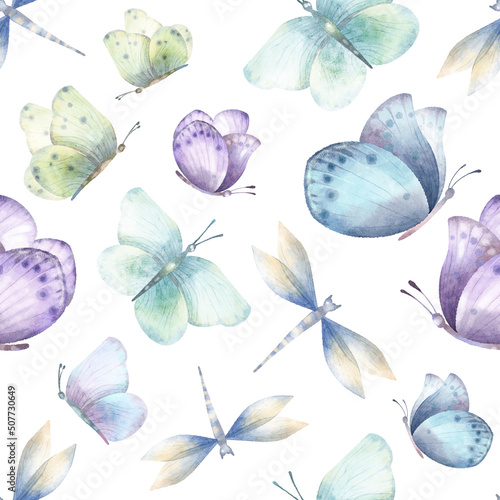 Watercolor hand drawn seamless pattern with illustration of colorful exotic butterflies, dragonflies. Pink, blue, yellow, green elements isolated on white background. Spring wallpaper