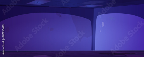 Abandoned empty night room indoor background. Neglected dark apartment interior with dirty spots and cracks on wall or ceiling and broken wooden floor. Deserted studio Cartoon vector illustration