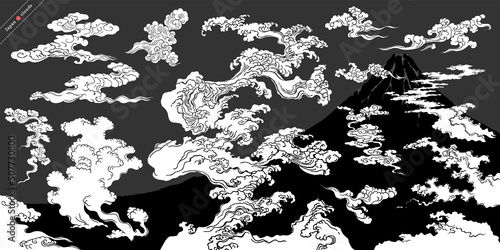 浮世絵タッチの波打つ雲デザインセット。