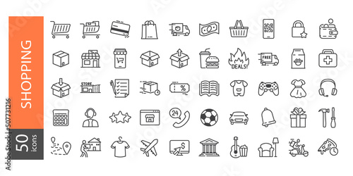 Simple Set of Shopping Related Vector Line Icons. Contains such Icons as Credit Card, Cart, Customer Service, Rating, Webstore, Smartphone, Shipping etc. Editable stroke 64X64 Pixel Perfect
