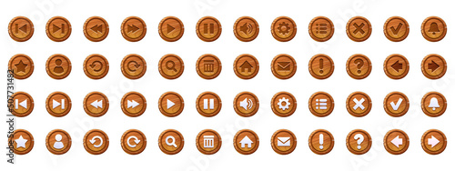 Circle buttons with wooden texture and icons for game menu interface or website. Vector cartoon set of ui elements from brown timber with signs isolated on white background