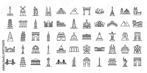 set of simple icon tourist destinations around the world. iconic landmarks of famous cities in vector design. minimalist landmark in vector editable line #507731678