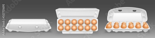 Carton egg tray, blank box package mock up. Vector realistic mockup of 3d open and closed cardboard container for dozen chicken eggs isolated on background
