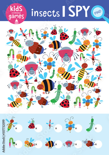 Find the same pictures and count it. Kids learning games collection. Cute insects.