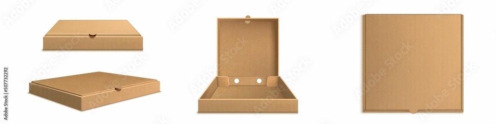 Brown cardboard pizza box 3d realistic vector. Open empty and closed carton package for delivery fast food, top side view isolated mockup illustration on white background - obrazy, fototapety, plakaty 