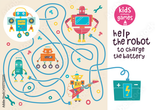 Funny maze for children. Help the robot to charge the battery. Kids learning games collection. 