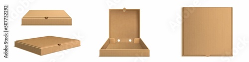 Brown cardboard pizza box 3d realistic vector. Open empty and closed carton package for delivery fast food, top side view isolated mockup illustration on white background photo