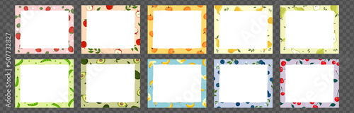 Memo pad design with fruits and vegetable pattern illustration set. note, notebook, letter, paper memo. Vector drawing. Hand drawn style.