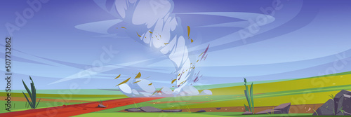 Tornado on fields with green grass and road. Vector cartoon illustration of natural disaster with storm wind swirls on summer rural landscape. Countryside scene with twister