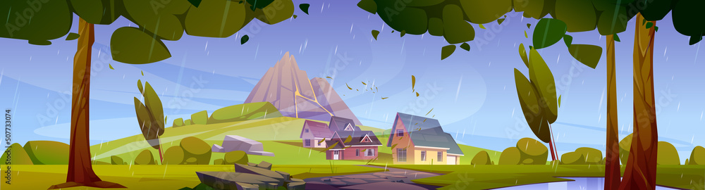 Storm, rainy landscape with mountain and houses. Vector cartoon illustration of summer rural scene of green valley with village on foothills of sleeping volcano, trees, road and puddle