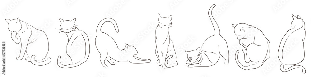 Collection of vector illustration of outline silhouette of cats in different poses. Hand-drawn illustrations for design and decoration of kids room, books of children, card, pattern, cover, fabric. Collection of vector illustration of outline silhouette of cats in different poses. Hand-drawn illustrations for design and decoration of kids room, books of children, card, pattern, cover, fabric.