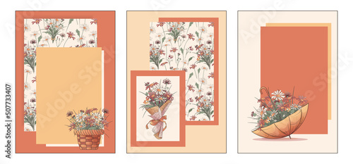 Vector set from three card with illustration of wildflowers, pattern, bouquet, basket and umbrella with flowers. Floral background with place for text. Use for postcard, poster, banner, flower shop.