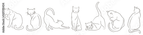 Collection of vector illustration of outline silhouette of cats in different poses. Hand-drawn illustrations for design and decoration of kids room, books of children, card, pattern, cover, fabric.