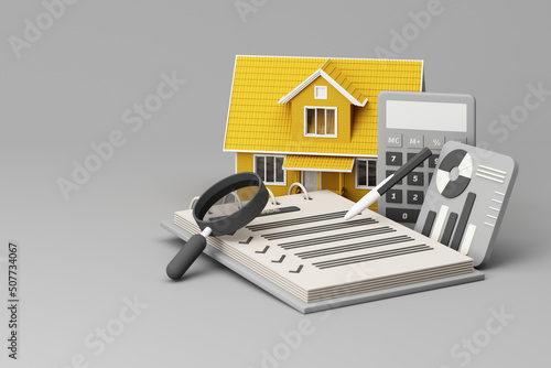 Real estate property investment or insurance. Home mortgage loan rate. Saving money for retirement concept. Coin stack on banknotes with yellow house model, homes key and cartoon hand. 3d rendering photo