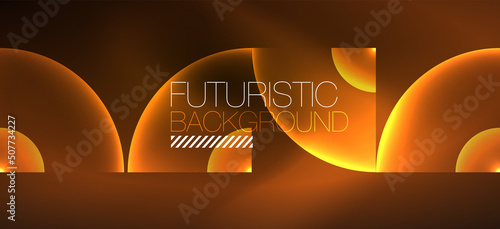 Shiny neon geometric abstract background. Glowing lights on round shapes, triangles and circles. Wallpaper for concept of AI technology, blockchain, communication, 5G, science, business
