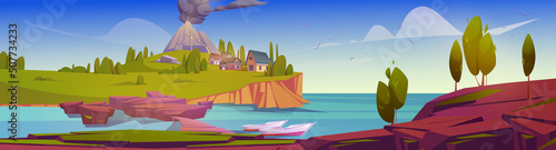 Island with houses and volcano with black smoke clouds. Vector cartoon illustration of summer mediterranean landscape with sea harbor, village and volcanic eruption