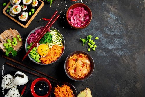 Obraz na plátně Assortment of Korean food on dark background.