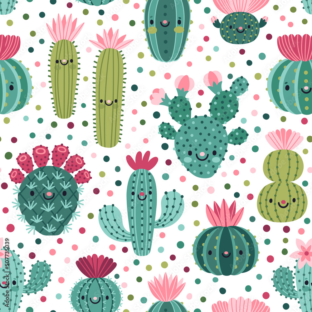 Vector seamless pattern with cute cactus. Bright repeated texture with ...