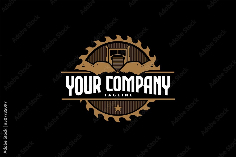 Fototapeta premium EXCAVATOR AND CONTAINER TRUCK LOGO VINTAGE