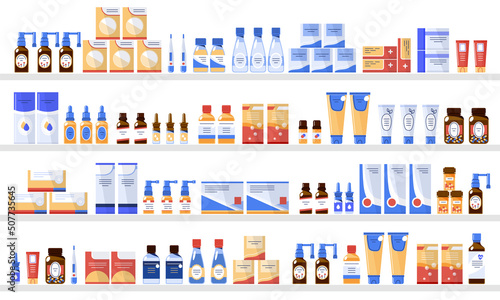 Different medicine products in the pharmacy store on the shelves.Flat vector
