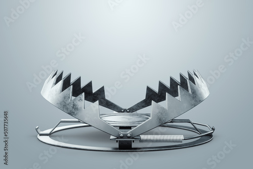 Bear trap isolated on white background, metal trap. Addiction, hunting, poaching, credit mortgage. 3D render, 3D illustration.