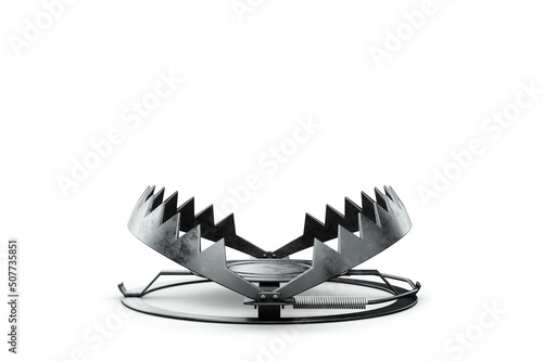 Bear trap isolated on white background, metal trap. Addiction, hunting, poaching, credit mortgage. 3D render, 3D illustration. photo