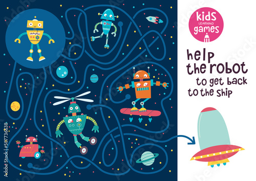 Funny maze for children. Help the robot to get back to the ship. Kids learning games collection. 