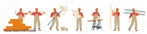 Construction worker, architect with plan and handyman in helmet work with shovel, paint roller and level tool. Vector flat illustration of builder character, repairman with hammer and drill