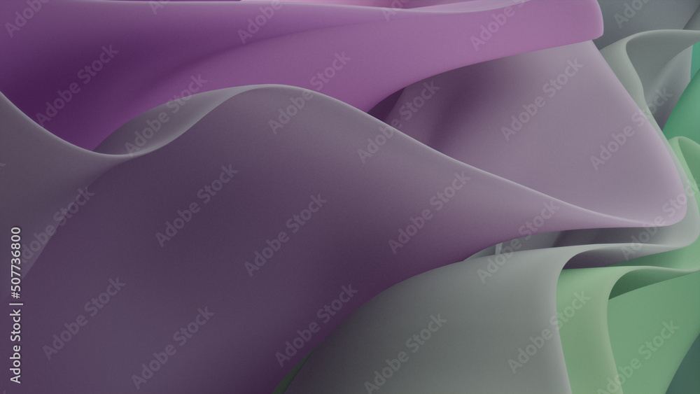 © RocknRoller Studios - Elegant 3D Design Background, with Ripple, Abstract Green and Purple Surfaces. 3D Render.