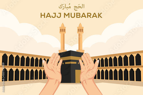 hajj Mubarak flat design with hands praying position on front holy Kaaba