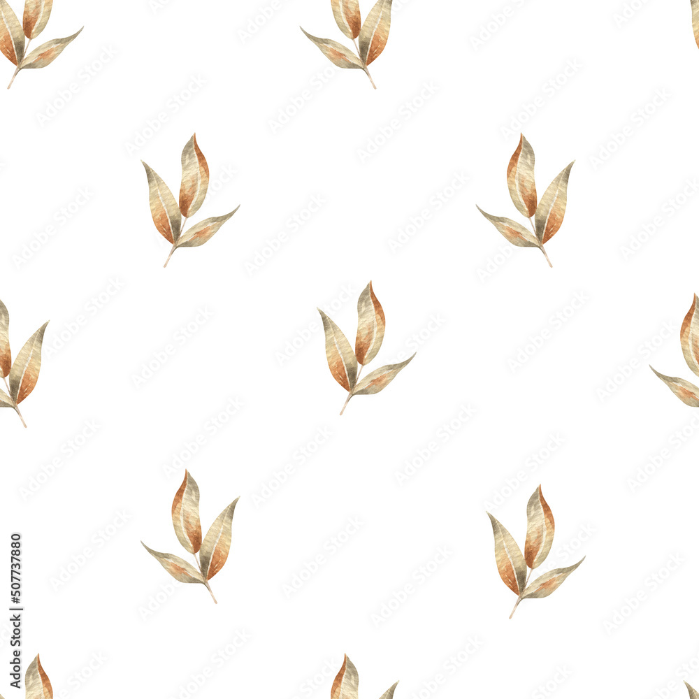 Watercolor seamless pattern with dried leaves.