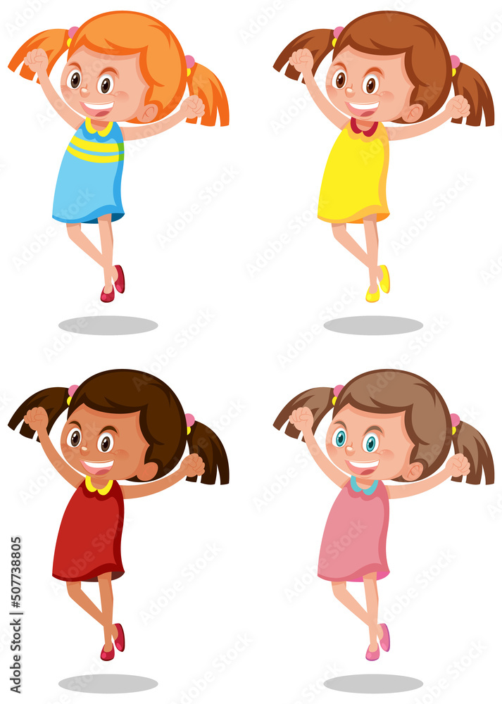 Set of different happy girl cartoon character Set of different happy girl cartoon character
