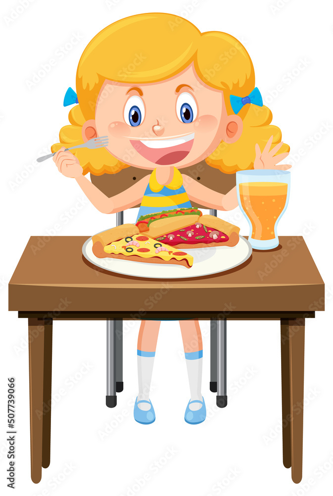 Happy girl enjoy eating food on table Happy girl enjoy eating food on table