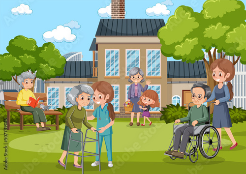 Outdoor park with elderly people and caregivers