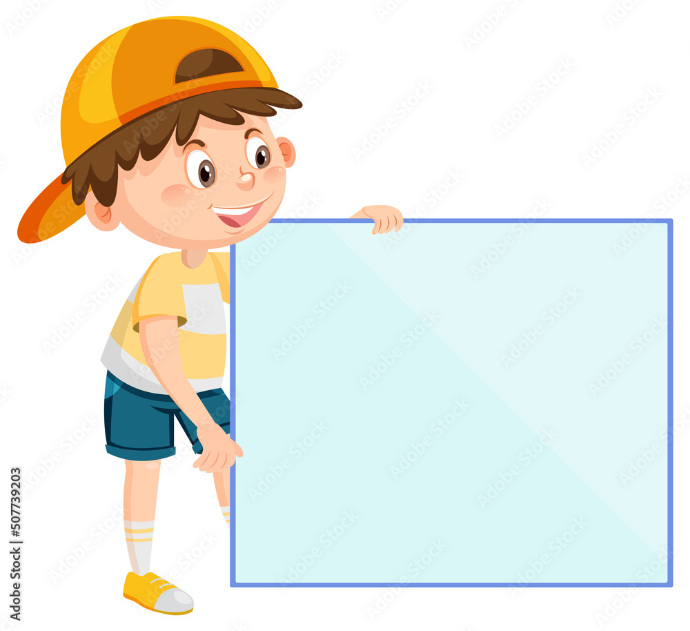 Cute boy holding blank board in cartoon style