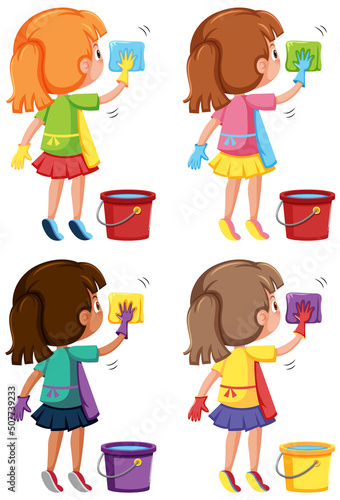Set of girls wiping and cleaning