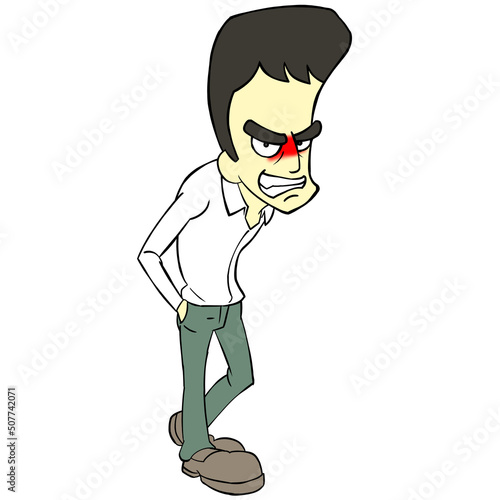 細身のカートゥーン男性のイラスト　黒髪　怒り